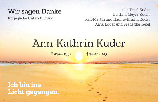 Traueranzeige von Ann-Kathrin Kuder von Hannoversche Allgemeine Zeitung/Neue Presse