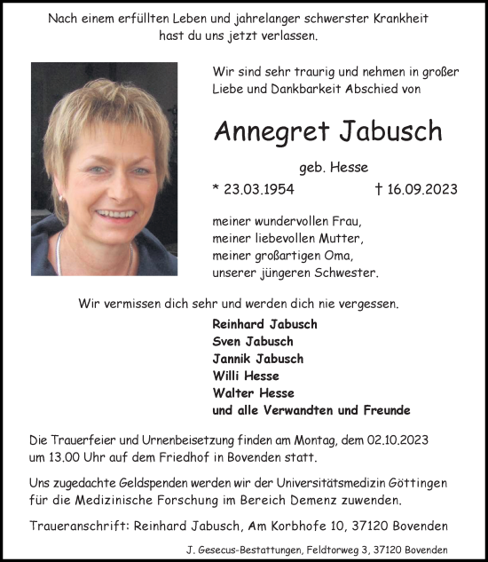 Traueranzeige von Annegret Jabusch von Göttinger Tageblatt