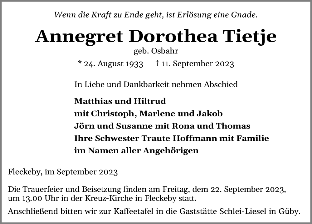  Traueranzeige für Annegret Dorothea Tietje vom 18.09.2023 aus Kieler Nachrichten