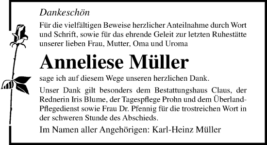 Traueranzeige von Anneliese Müller von Ostsee-Zeitung GmbH