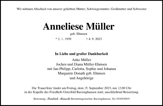 Traueranzeige von Anneliese Müller von Hannoversche Allgemeine Zeitung/Neue Presse