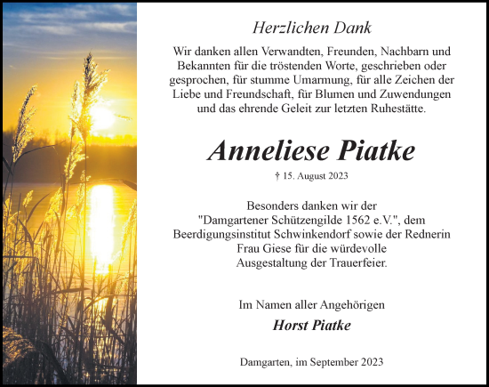 Traueranzeige von Anneliese Piatke von Ostsee-Zeitung GmbH
