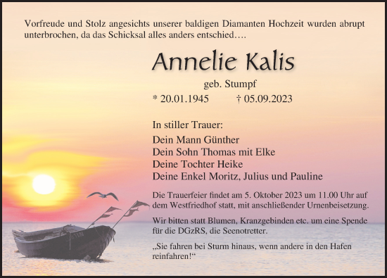 Traueranzeige von Annelle Kalis von Ostsee-Zeitung GmbH