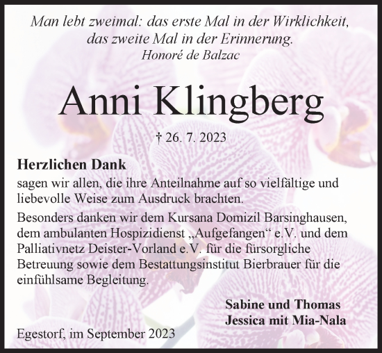 Traueranzeige von Anni Klingberg von Hannoversche Allgemeine Zeitung/Neue Presse