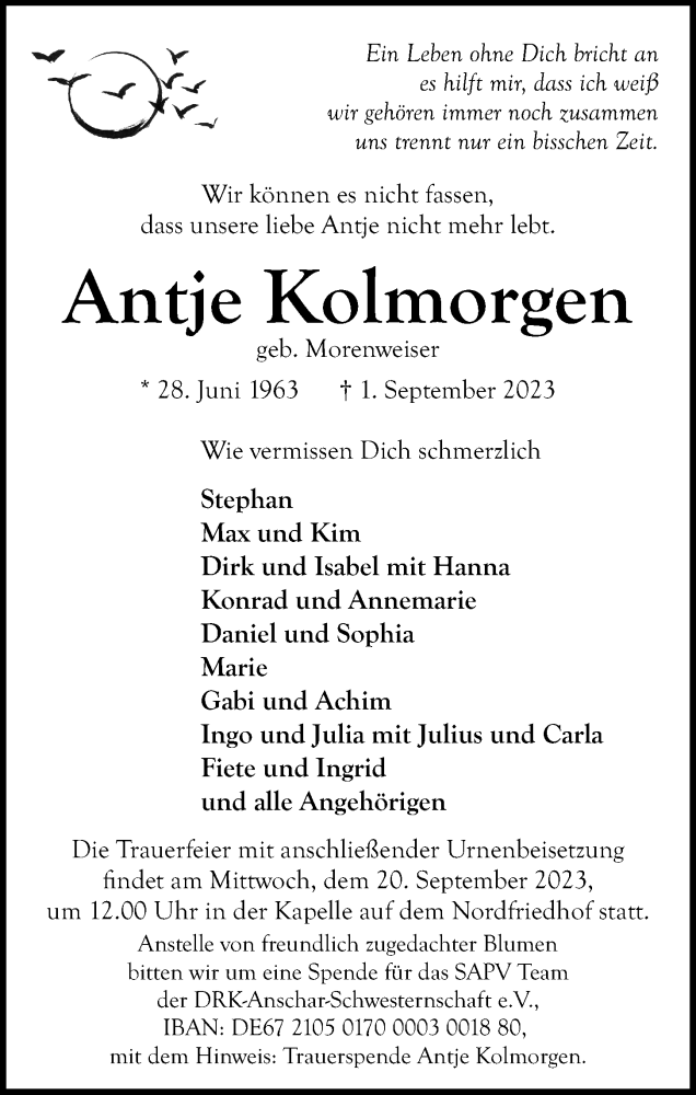  Traueranzeige für Antje Kolmorgen vom 16.09.2023 aus Kieler Nachrichten