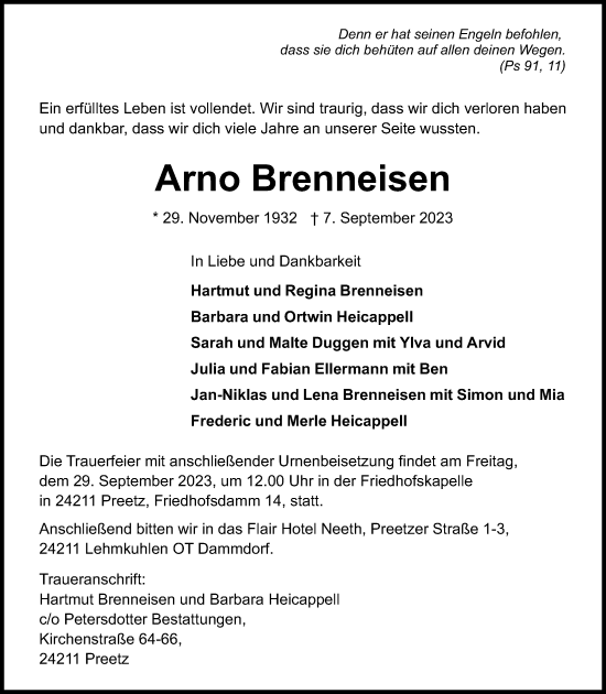 Traueranzeige von Arno Brenneisen von Kieler Nachrichten