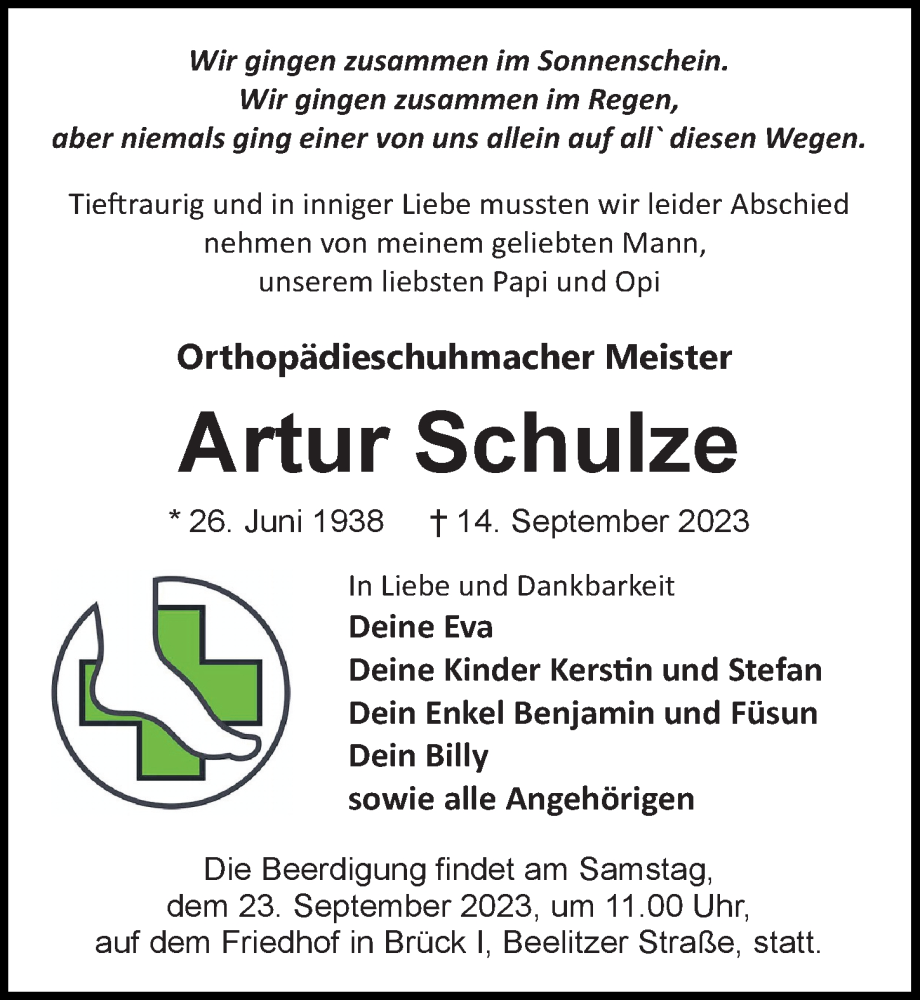  Traueranzeige für Artur Schulze vom 19.09.2023 aus Märkischen Allgemeine Zeitung