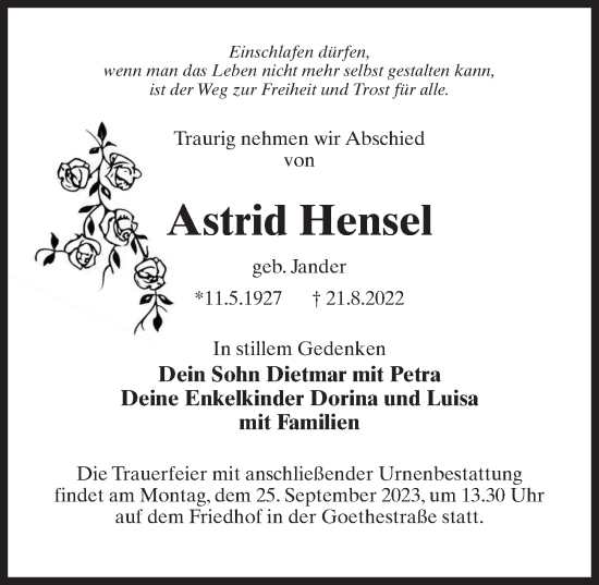 Traueranzeige von Astrid Hensel von Märkischen Allgemeine Zeitung