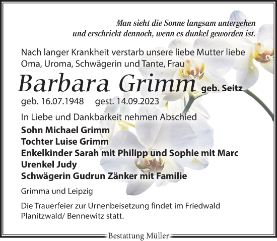 Traueranzeige von Barbara Grimm von Leipziger Volkszeitung