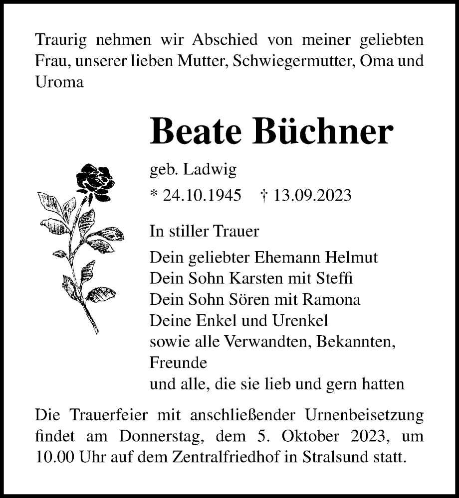  Traueranzeige für Beate Büchner vom 16.09.2023 aus Ostsee-Zeitung GmbH