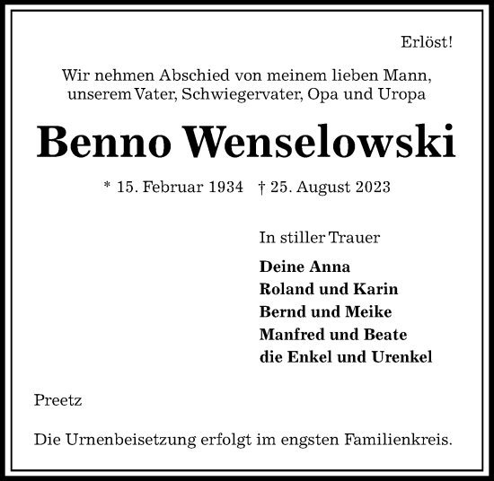 Traueranzeige von Benno Wenselowski von Kieler Nachrichten