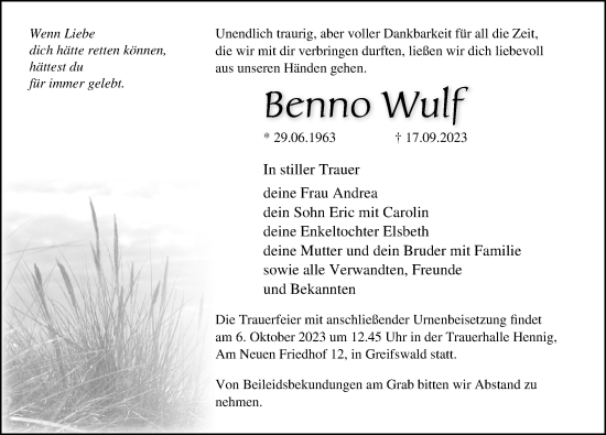 Traueranzeige von Benno Wulf von Ostsee-Zeitung GmbH