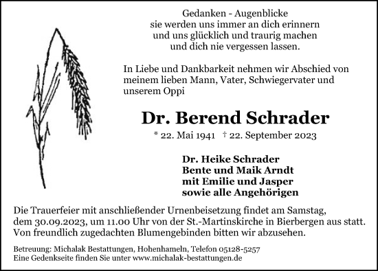 Traueranzeige von Berend Schrader von Peiner Allgemeine Zeitung