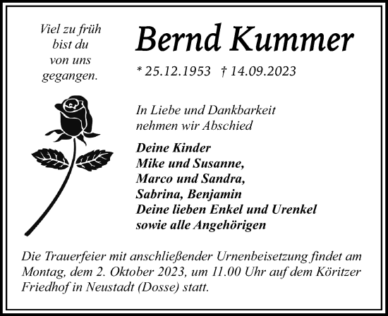 Traueranzeige von Bernd Kummer