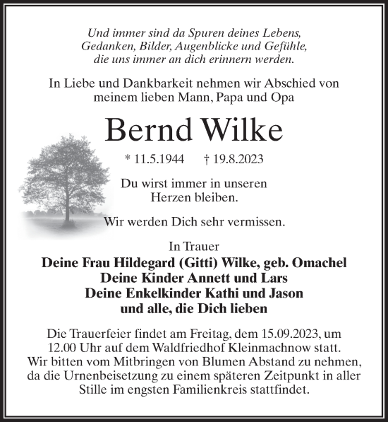 Traueranzeige von Bernd Wilke von Märkischen Allgemeine Zeitung