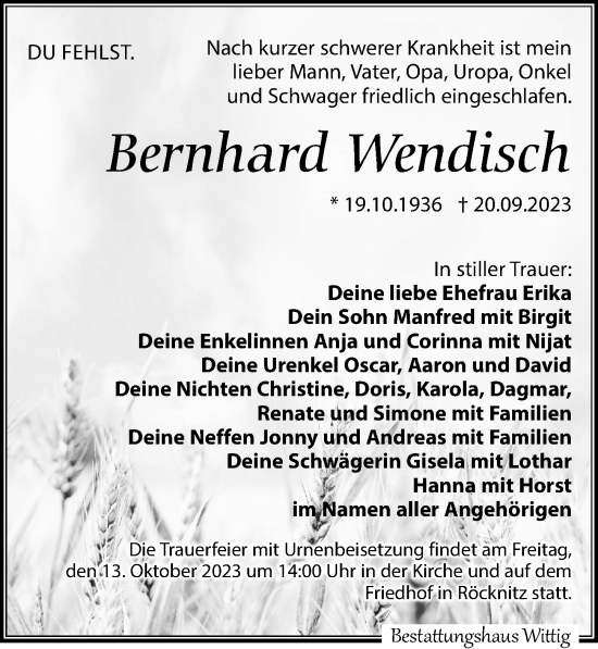Traueranzeige von Bernhard Wendisch von Leipziger Volkszeitung