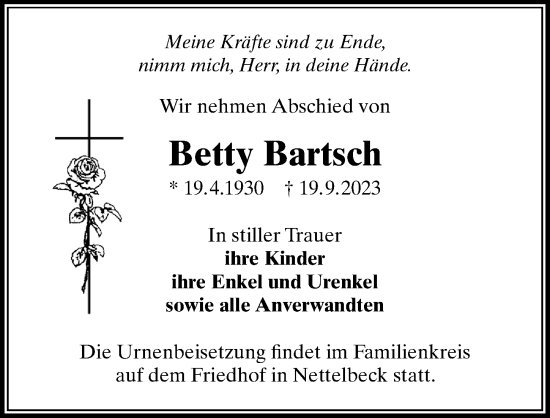 Traueranzeige von Betty Bartsch von Märkischen Allgemeine Zeitung