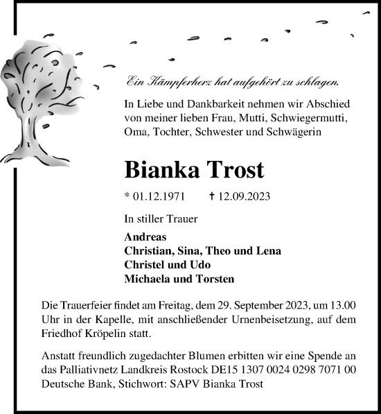 Traueranzeige von Bianka Trost von Ostsee-Zeitung GmbH