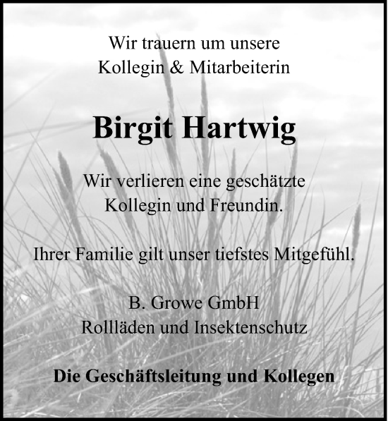 Traueranzeige von Birgit Hartwig