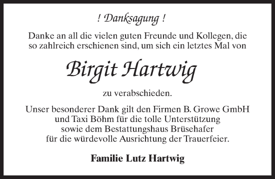 Traueranzeige von Birgit Hartwig