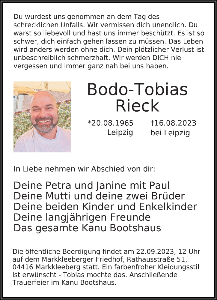  Traueranzeige für Bodo-Tobias Rieck vom 02.09.2023 aus Leipziger Volkszeitung