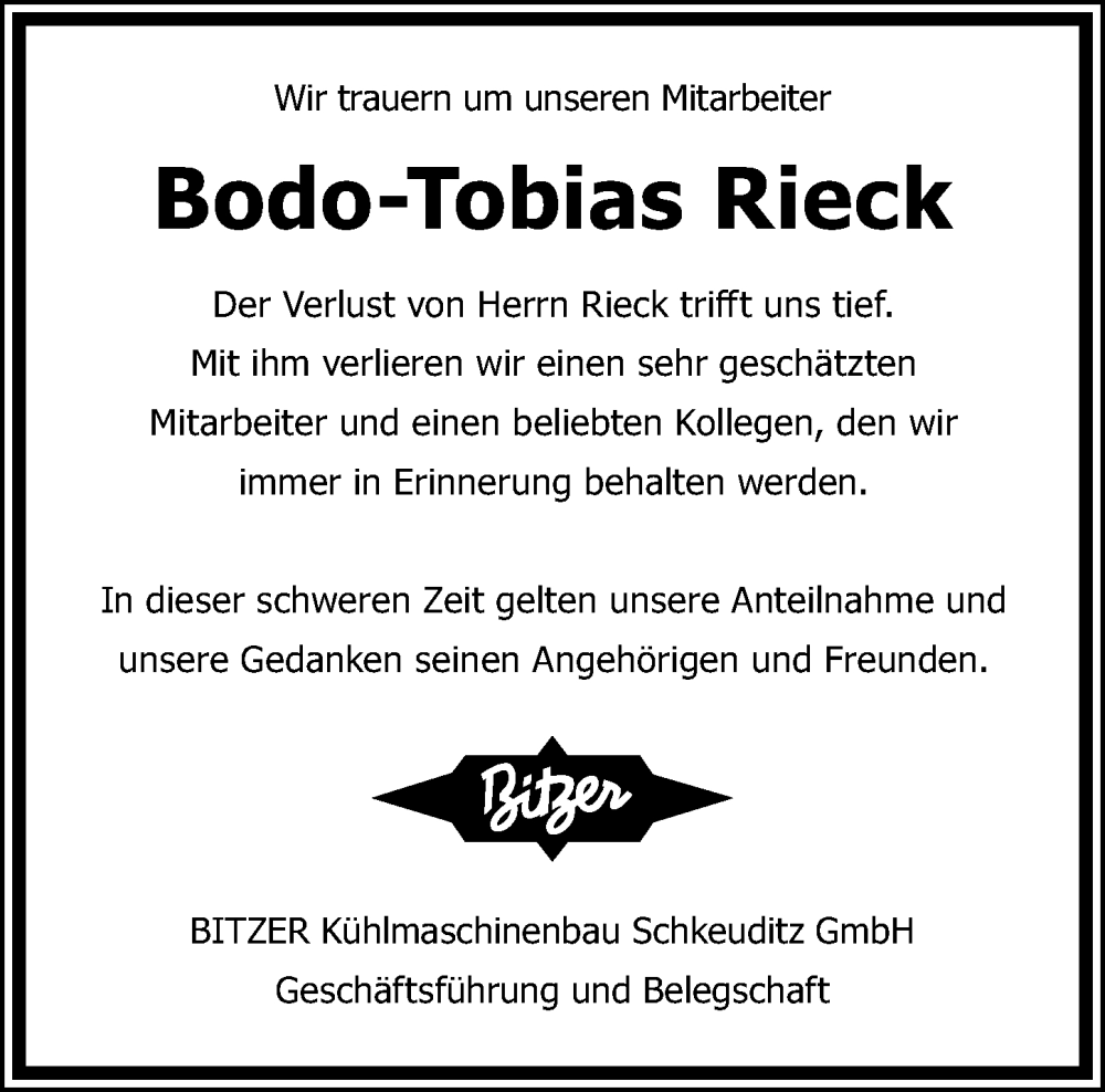  Traueranzeige für Bodo-Tobias Rieck vom 22.09.2023 aus Leipziger Volkszeitung