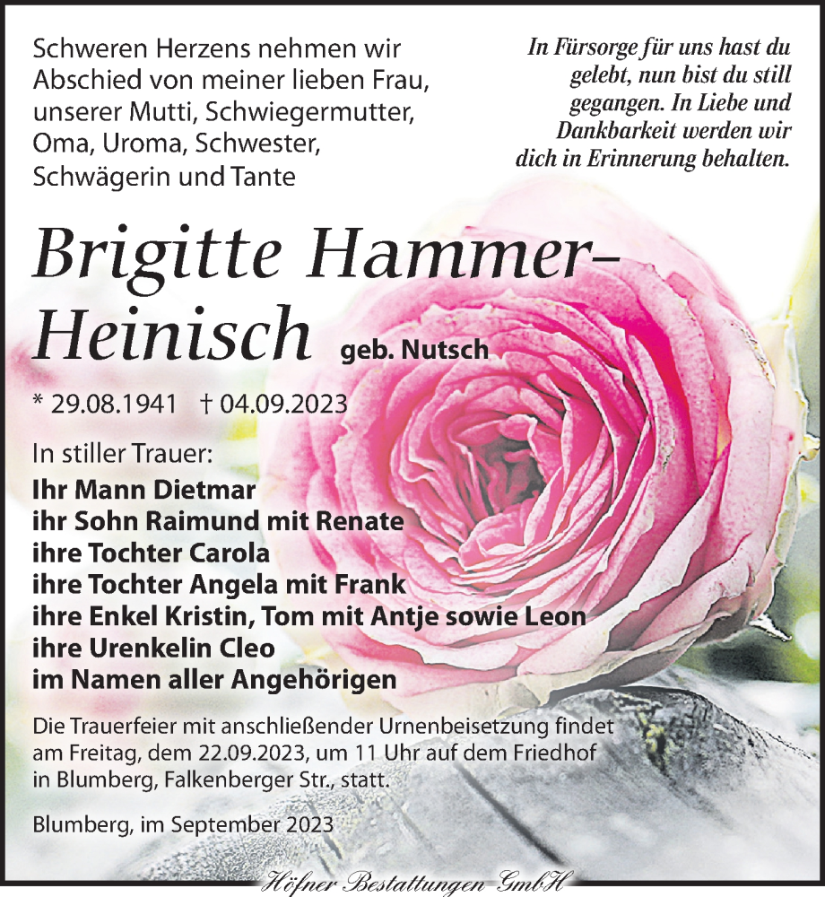  Traueranzeige für Brigitte Hammer-Heinisch vom 16.09.2023 aus Torgauer Zeitung