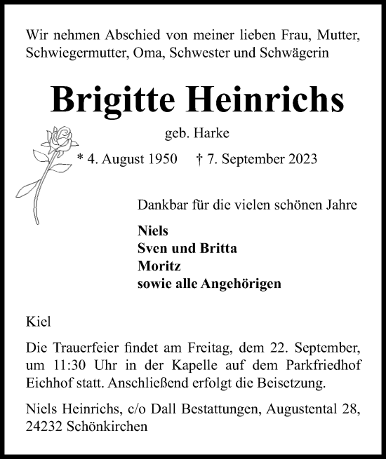 Traueranzeige von Brigitte Heinrichs von Kieler Nachrichten