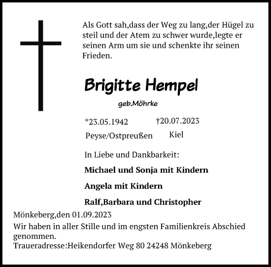 Traueranzeige von Brigitte Hempel von Kieler Nachrichten