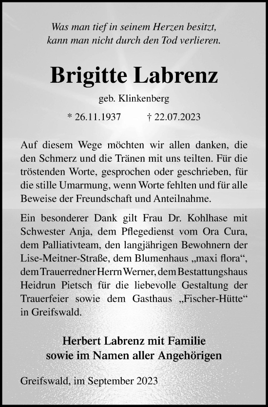 Traueranzeige von Brigitte Labrenz von Ostsee-Zeitung GmbH