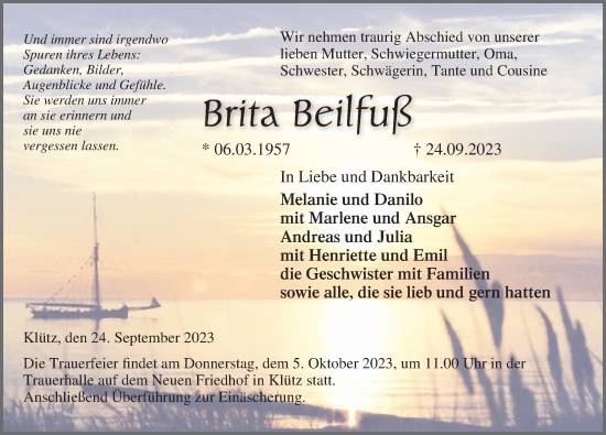 Traueranzeige von Brita Beilfuß von Ostsee-Zeitung GmbH