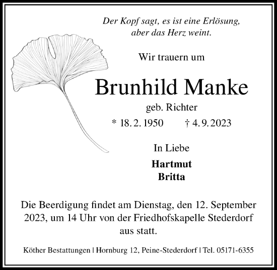 Traueranzeige von Brunhild Manke von Peiner Allgemeine Zeitung