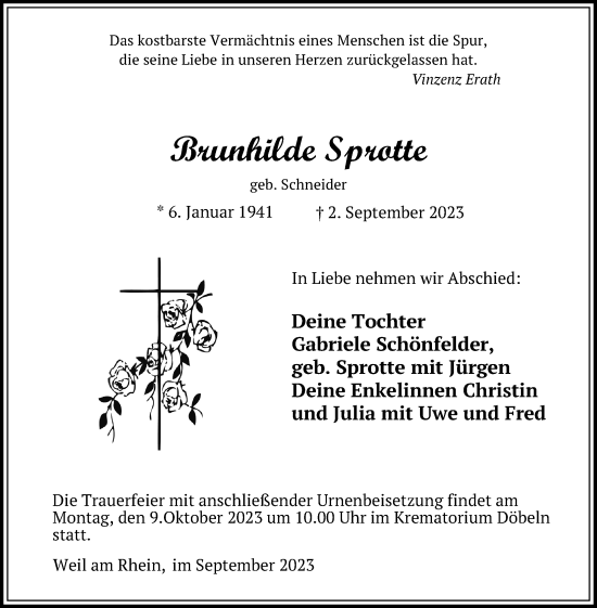 Traueranzeige von Brunhilde Sprotte von Leipziger Volkszeitung