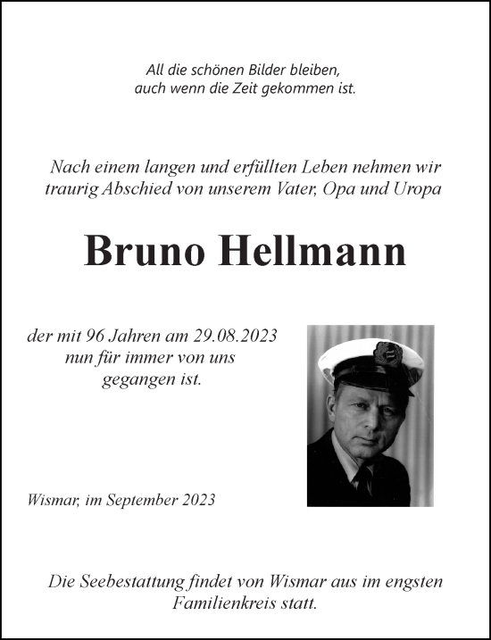 Traueranzeige von Bruno Hellmann von Ostsee-Zeitung GmbH