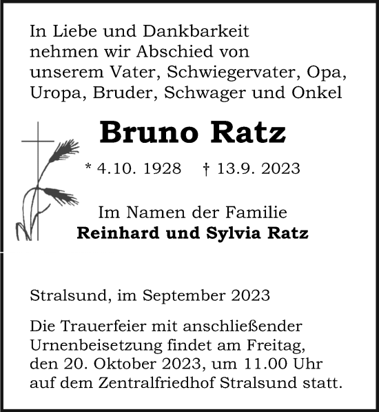 Traueranzeige von Bruno Ratz von Ostsee-Zeitung GmbH