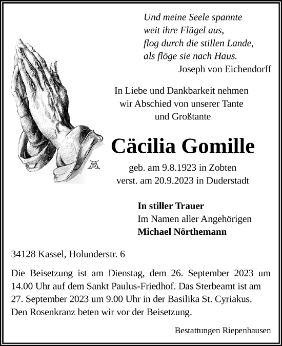 Traueranzeige von Cäcilia Gomille von Eichsfelder Tageblatt