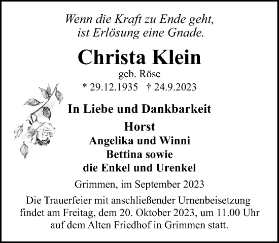 Traueranzeige von Christa Klein von Ostsee-Zeitung GmbH