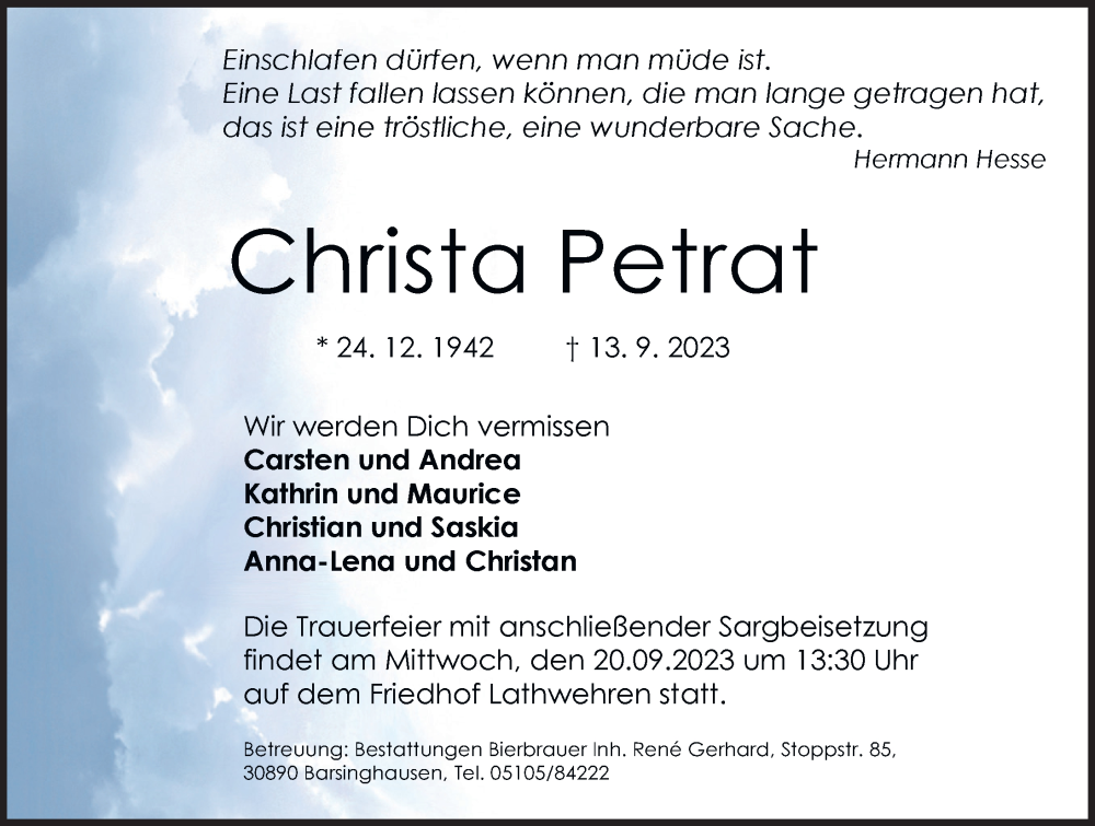  Traueranzeige für Christa Petrat vom 16.09.2023 aus Hannoversche Allgemeine Zeitung/Neue Presse
