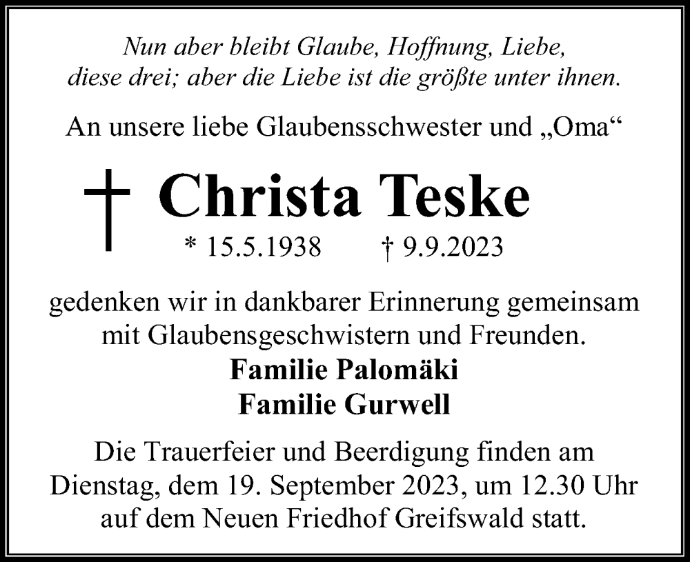  Traueranzeige für Christa Teske vom 13.09.2023 aus Ostsee-Zeitung GmbH
