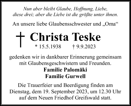 Traueranzeige von Christa Teske von Ostsee-Zeitung GmbH