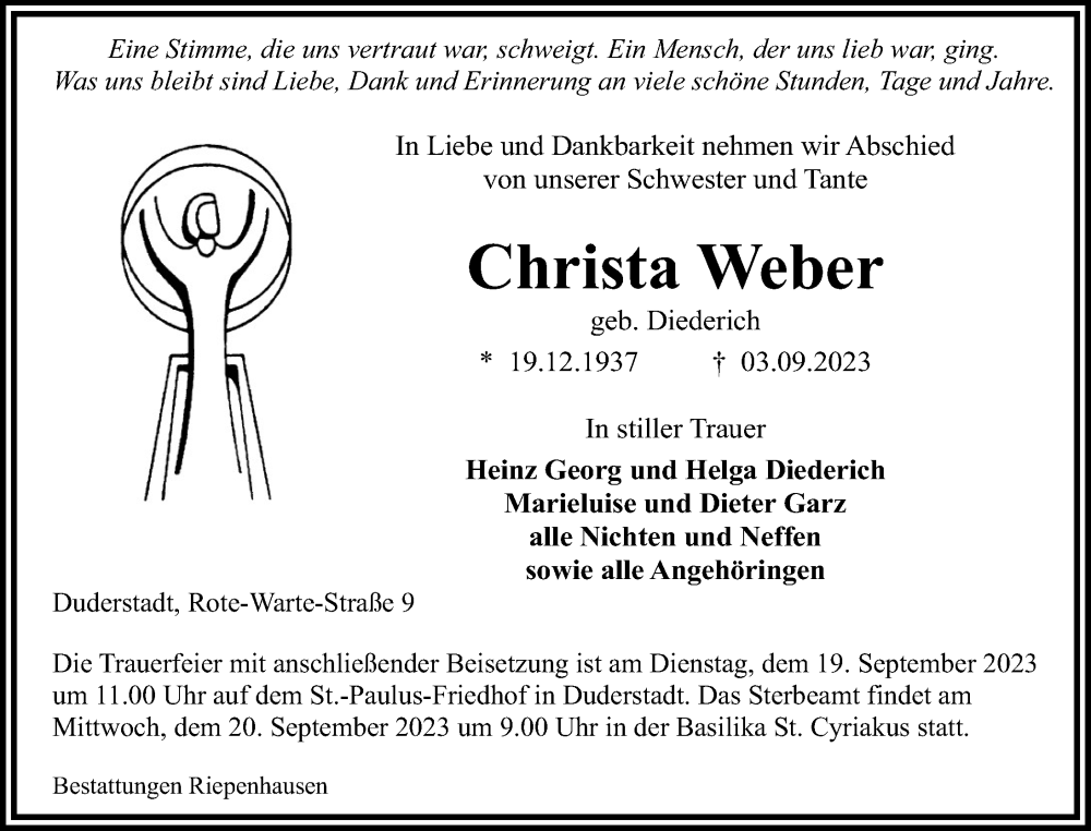  Traueranzeige für Christa Weber vom 16.09.2023 aus Eichsfelder Tageblatt