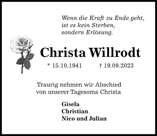 Traueranzeige von Christa Willrodt von Kieler Nachrichten