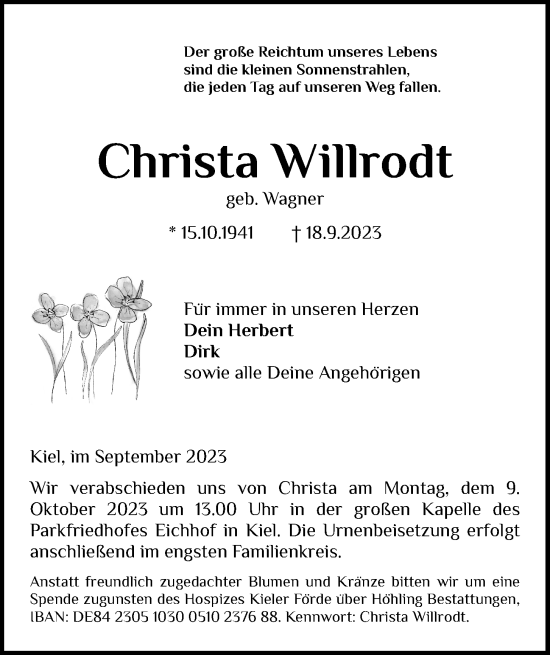 Traueranzeige von Christa Willrodt von Kieler Nachrichten