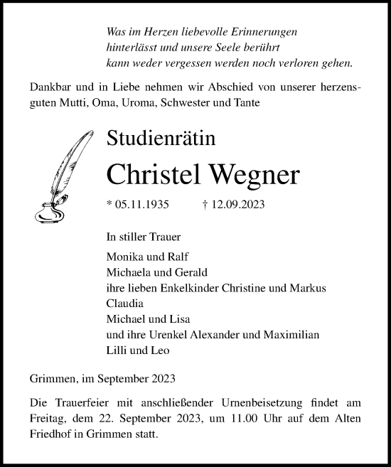 Traueranzeige von Christel Wegner von Ostsee-Zeitung GmbH