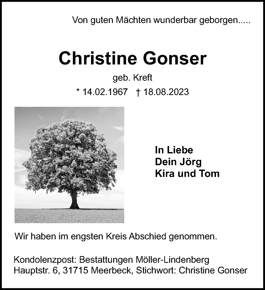  Traueranzeige für Christine Gonser vom 02.09.2023 aus Schaumburger Nachrichten