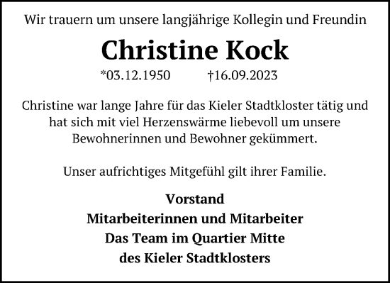 Traueranzeige von Christine Kock von Kieler Nachrichten