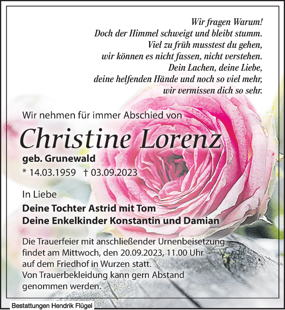  Traueranzeige für Christine Lorenz vom 16.09.2023 aus Leipziger Volkszeitung