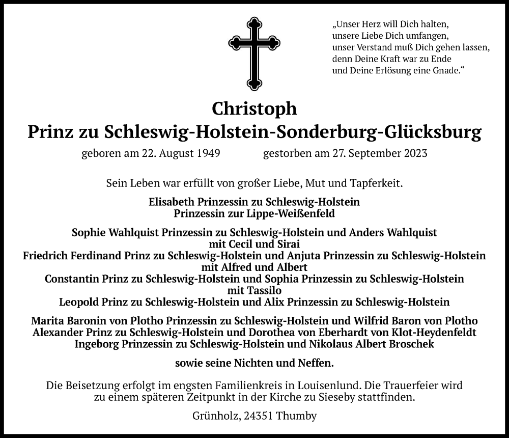  Traueranzeige für Christoph Prinz zu Schleswig-Holstein-Sonderburg-Glücksburg vom 30.09.2023 aus Kieler Nachrichten