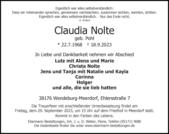 Traueranzeige von Claudia Nolte von Peiner Allgemeine Zeitung