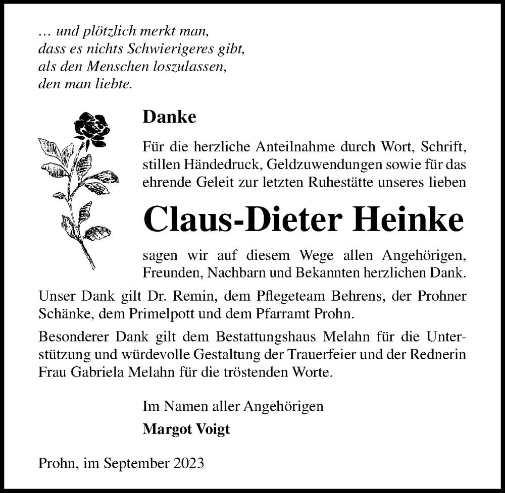  Traueranzeige für Claus-Dieter Heinke vom 30.09.2023 aus Ostsee-Zeitung GmbH